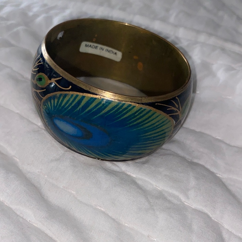 Hand painted vintage brass peacock theme bracelet